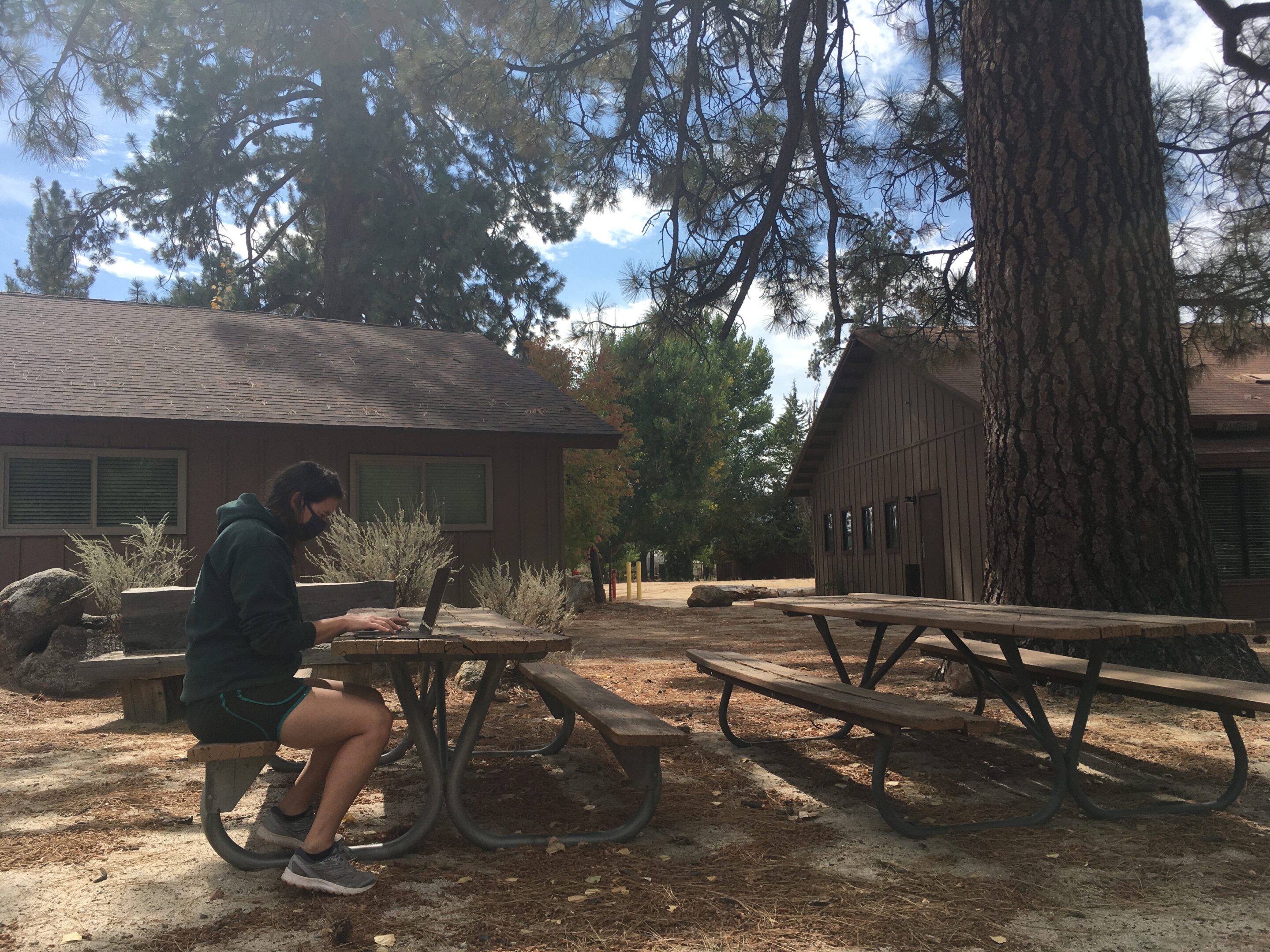 A woman wearing a facemask sits at a picnic table while working on a laptop. In the background are cabins, blue skies and a large pine tree.